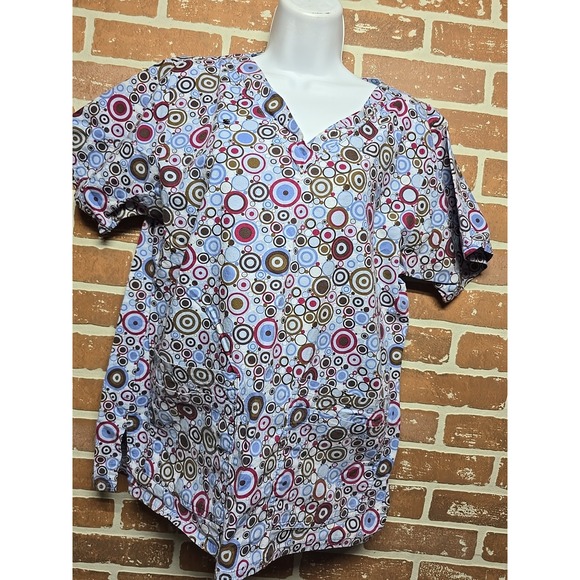 Tops - Cottonality‎ Natural Comfort Scrub Top Short Sleeve Sz S Blue Bubbly Slip On